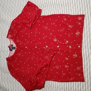 Lands End Red Cardigan w Gold Snowflakes Medium